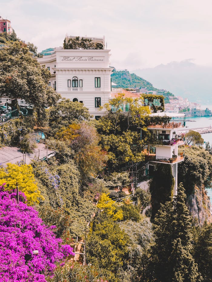 Beautiful cliffside architecture and lush landscape in Amalfi, Italy.